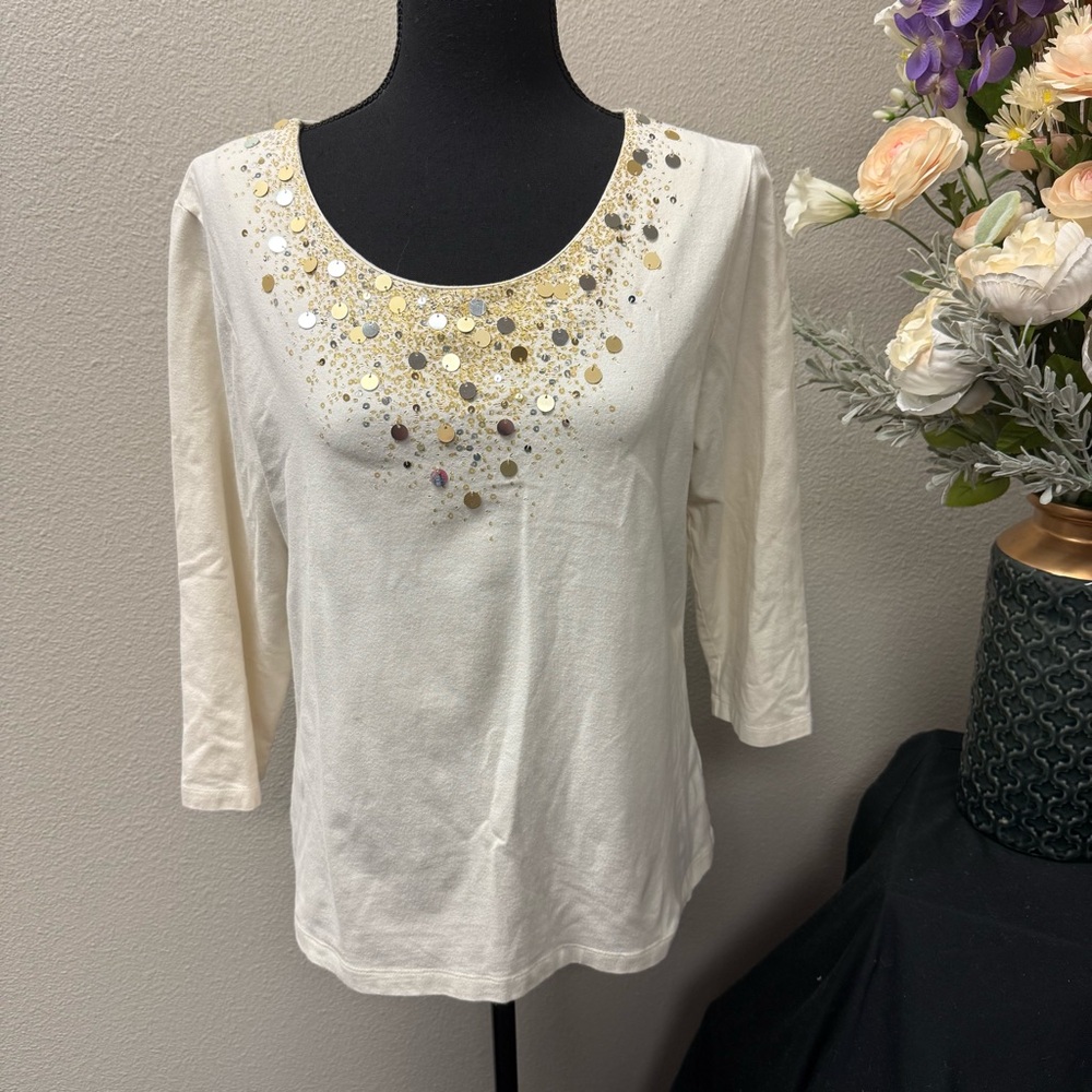 Ruby Rd Cream Sequin Embellished Scoop Neck Top L